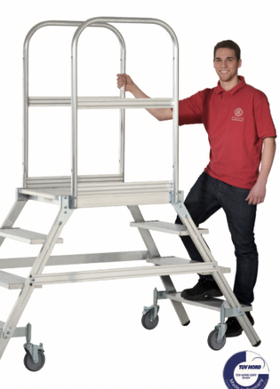 podestleitern, regalleitern und lagerleitern von Hacobau GmbH Aluminium-Podestleiter, beidseitig begehbar, mit Rollen